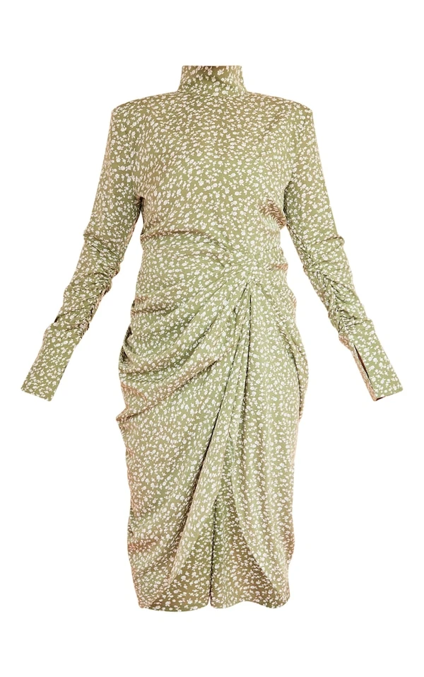 Plus Robe Mi-longue Drapée Verte Fleurie à Col Montant 7 Plus Robe Mi-longue Drapée Verte Fleurie à Col Montant – Image 5