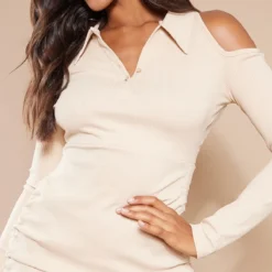 Robe Moulante Côtelée Sable Froncée à épaules Dénudées -Jolie Vêtue Soldes Magasin 93e8b4d806c9d12d06b14be57923111d5ae221ed cnb3592 4