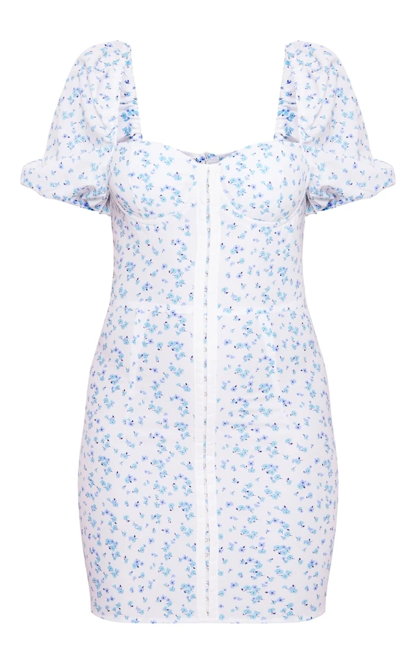 Robe Corset Moulante Bleue Fleurie à Manches Bouffantes 7 Robe Corset Moulante Bleue Fleurie à Manches Bouffantes – Image 5