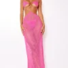 Robe De Plage Longue En Maille Rose à Bretelles Et Découpes