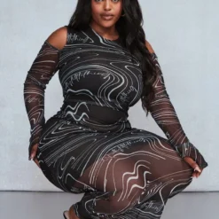 Plus Robe Longue En Mesh Imprimé Noir à épaules Dénudées -Jolie Vêtue Soldes Magasin 94cc3651897237232390ca8508d0457d53a37238 cnc0703 3