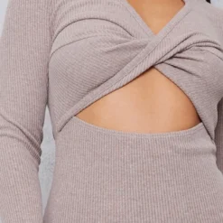 Robe Mi-longue Côtelée Café Au Lait Croisée Devant Fendue Sur Le Côté -Jolie Vêtue Soldes Magasin 9538c9525a79957d8a76b64cd2153e40261d7cae cnb4465 4