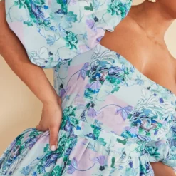 Plus Robe Bouffante Nouée à La Taille Fleurie Bleue -Jolie Vêtue Soldes Magasin 9631fb3d19ad56be2156340ef63e886d19656ffe cnc9700 4