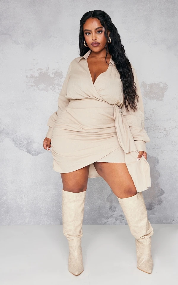 Plus Robe Chemise Portefeuille Gris Pierre à Effet Drapé 3 Plus Robe Chemise Portefeuille Gris Pierre à Effet Drapé