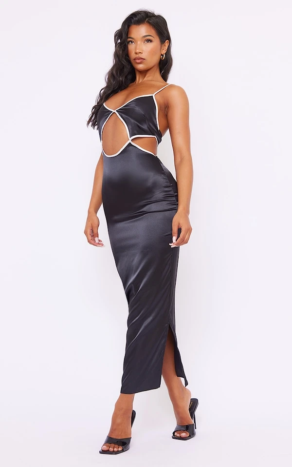 Robe Mi-longue Satinée Noire Découpée à La Taille à Bretelles 3 Robe Mi-longue Satinée Noire Découpée à La Taille à Bretelles