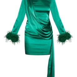 Robe Moulante Vert Vif Satinée Drapée à Col Montant Et Manchettes En Plumes -Jolie Vêtue Soldes Magasin 969ff60952b478a8ffd7c12ffada1c0654c5f211 cnb3504 5