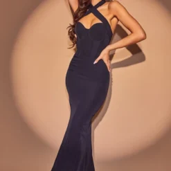 Robe De Soirée Noire à Détail Corset Dos Nu Croisé