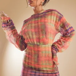 Robe Moulante Déchirée à Imprimé Flou Orange Et Manches Longues