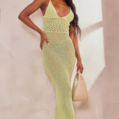 Tall Robe Longue En Maille Tricot Vert Olive à Bretelles