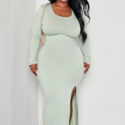 Logic Plus Robe T-shirt Mi-longue En Jersey Vert Sauge Fendue