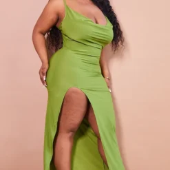 Plus Robe Longue Moulante Vert Olive Fendue Sur La Cuisse à Col Bénitier -Jolie Vêtue Soldes Magasin 984dedad03c70667119230196ba42fdda3d50e8a cmw3184 4