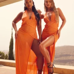 Plus Robe De Plage Longue Fendue Orange Décolletée à Détail Tressé