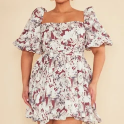 Plus Robe Bouffante Nouée à La Taille Fleurie Marron -Jolie Vêtue Soldes Magasin 986864709f8fd5439a1918de12064c61ff279375 cnc9701 3