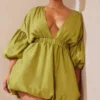 Plus Robe Droite Vert Olive Bouffante à Manches Ballon