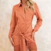 Robe Chemise Satinée Rouille à Détail Drapé Et Ourlet Frangé -Jolie Vêtue Soldes Magasin 98a05f2dc5ebec7634e82bc8a2ee968a8a0c359c cnd7686 1