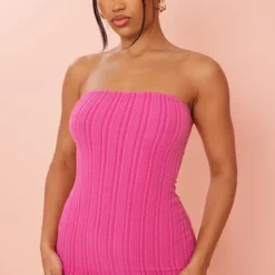 Robe Moulante Côtelée Texturée Fuchsia