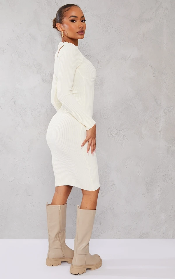 Petite Robe Mi-longue Crème En Maille Tricot à Manches Longues 4 Petite Robe Mi-longue Crème En Maille Tricot à Manches Longues – Image 2
