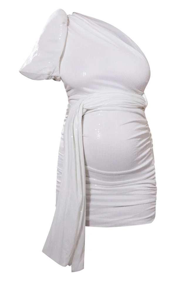 Maternité Robe De Grossesse Asymétrique Blanche à Fronces Et Sequins 7 Maternité Robe De Grossesse Asymétrique Blanche à Fronces Et Sequins – Image 5