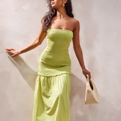 Robe Longue Bustier Froncée Vert Citron à étages -Jolie Vêtue Soldes Magasin 9909e05ce19f10dd1d9dcf8585f0a4ef29b9bdcd cne2861 3