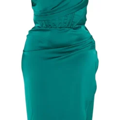 Plus Robe Mi-longue Satinée Vert émeraude à Détail Drapé Et Ourlet Fendu -Jolie Vêtue Soldes Magasin 9969a545d3aacd25e45dd29e88846ba6f6527340 cmu5773 6