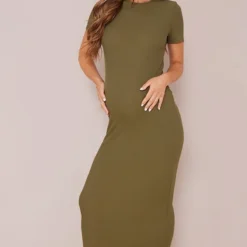 Maternité Robe De Grossesse Mi-longue Kaki Côtelée à Col Ras-du-cou -Jolie Vêtue Soldes Magasin 9973b523b3ea3cba9564905ae8f74c804544477a cmz9759 4