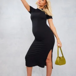 Logic Maternité Robe De Grossesse Mi-longue En Maille Côtelée Noire à Manches Courtes