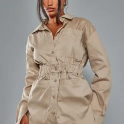 Robe Chemise En Maille Sergée Sable à Poches Frontales Et Taille élastique