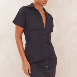 Robe Chemise Effet Lin Noir à Manches Courtes Et Taille Cintrée -Jolie Vêtue Soldes Magasin 9a2a23cfed1ee00bb22b73b9770ae1d1669cdfcf cnd4041 3