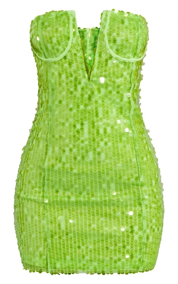 Petite Mini Robe Corset Moulante Vert Citron Fluo à Sequins 7 Petite Mini Robe Corset Moulante Vert Citron Fluo à Sequins – Image 5