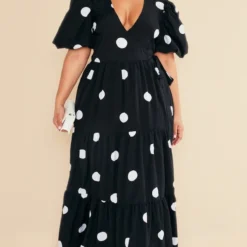 Plus Robe Longue Noire Imprimé Pois à Taille Nouée Et étages
