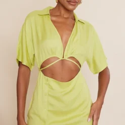 Robe Chemise Effet Lin Vert Découpée à La Taille Et Jupe Boutonnée -Jolie Vêtue Soldes Magasin 9a4a6ae536f989feb481c07cc83f7c7eff5778e3 cnd4051 1