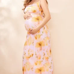 Maternité Robe De Grossesse Mi-longue Plissée Rose Tendre Fleurie