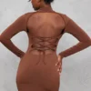 Robe Très Moulante Chocolat à Col Montant Et Dos Lacé