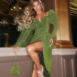 Robe Mi-longue Verte à Paillettes Drapée Plissée à Manches Bouffantes Et Barre En V