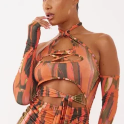 Robe Très Moulante Orange Imprimé Abstrait Découpée à Liens Et épaules Dénudées -Jolie Vêtue Soldes Magasin 9f3427124732e92957ca8c6ad2e798cb0c37264a cna1159 4