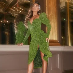 Robe Mi-longue Verte à Paillettes Drapée Plissée à Manches Bouffantes Et Barre En V -Jolie Vêtue Soldes Magasin 9f6ff0b81176803dfe6f69b7fa2bd179a0a1fef4 cmu4266 3