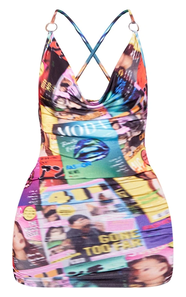 Robe Moulante Imprimée Journaux Multicolore à Col Bénitier Et Anneau 6 Robe Moulante Imprimée Journaux Multicolore à Col Bénitier Et Anneau – Image 4