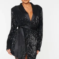 Robe Blazer Noire à Sequins Et Franges Détail Noué -Jolie Vêtue Soldes Magasin a0014de797c7c423871654dbe6af0c6853f367d7 cmv0287 4