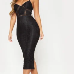 Pure Robe Mi-longue Noire à Rayures En Mesh Et Dentelle