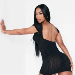 Robe Moulante Dos Nu Noire En Maille Côtelée Texturée à Mancherons -Jolie Vêtue Soldes Magasin a0838a9bcbffffa9d1464bb99883b49577d4a217 cnd8871 1