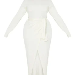 Zero Plus Robe Mi-longue Portefeuille Très Côtelée Crème à Taille Nouée -Jolie Vêtue Soldes Magasin a0e25525b1deace93284af3d40ceae560bd3e89c cmh1740 3