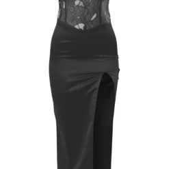 Robe Fendue Longue Noire Satinée à Parties En Dentelle Et Bretelles -Jolie Vêtue Soldes Magasin a12cc55632acdd4d0b4698389a7d35287bbcf6a0 cne2683 5