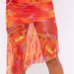 Robe-bustier Asymétrique Mi-longue Orange Imprimé Abstrait à Ourlet Volanté -Jolie Vêtue Soldes Magasin a145ed07618085f53391ca9b66174933a0cc95ab cne3006 4