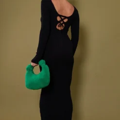 Maternité Robe Moulante De Grossesse Longue En Maille Tricot Noire à Nouer Derrière