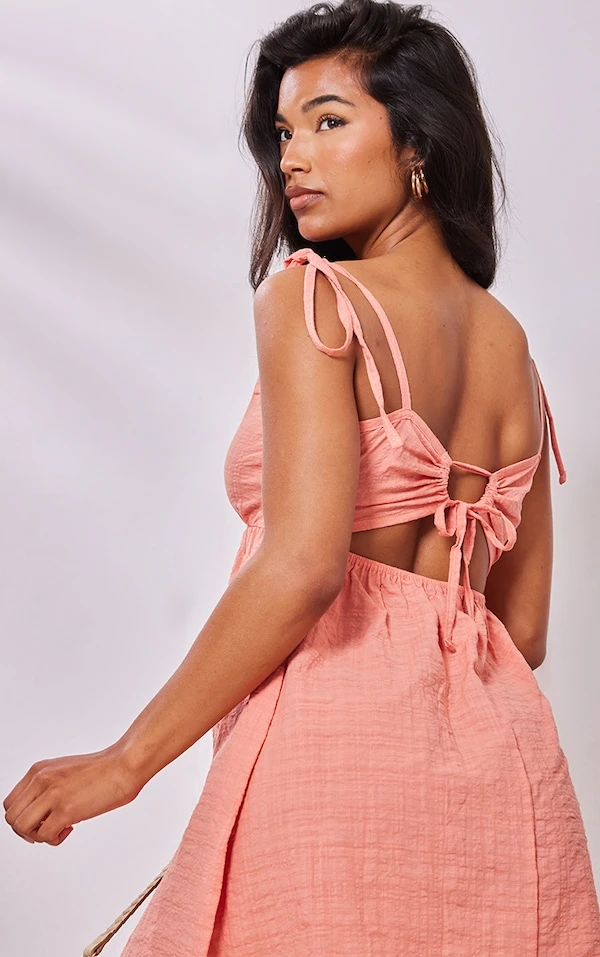 Robe Droite Pêche Effet Lin Découpée à Dos Noué 6 Robe Droite Pêche Effet Lin Découpée à Dos Noué – Image 4