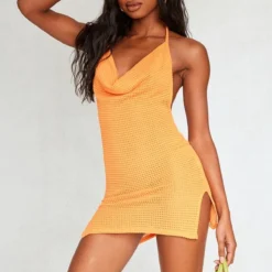 Robe Moulante Texturée Transparente Orange à Col Bénitier Et Dos Nu
