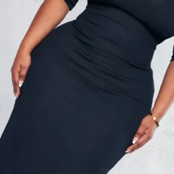 Plus Robe Mi-longue Côtelée Noire à Col Montant Et Demi Manches -Jolie Vêtue Soldes Magasin a3d4d9e3264fa982b7df4c3efbaf7312fdca2e48 cnc2223 4