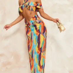 Robe Longue Découpée En Mousseline De Soie Multicolore à Imprimé Abstrait Et Col Bardot -Jolie Vêtue Soldes Magasin a4030133078556aadca1c84883c2b31229e1cb6d cne7735 3