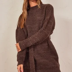 Robe Pull En Maille Tricot Gaufrée Vison