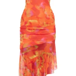 Robe-bustier Asymétrique Mi-longue Orange Imprimé Abstrait à Ourlet Volanté -Jolie Vêtue Soldes Magasin a4b10d8a09f3309520dfaf6efab1f239fce5da82 cne3006 5